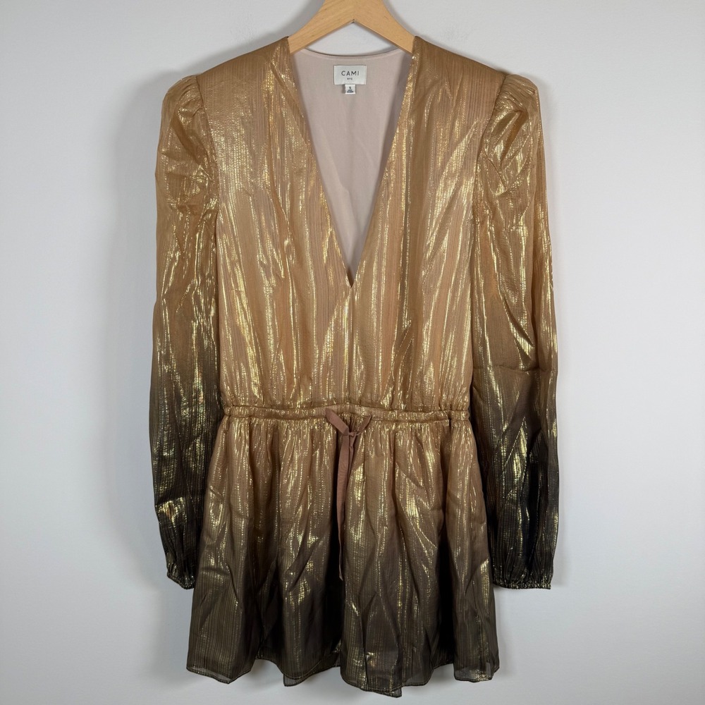 CAMI NYC Party Mini Dress Small Gold Metallic Ombre Plunging V-Neck Long Sleeve